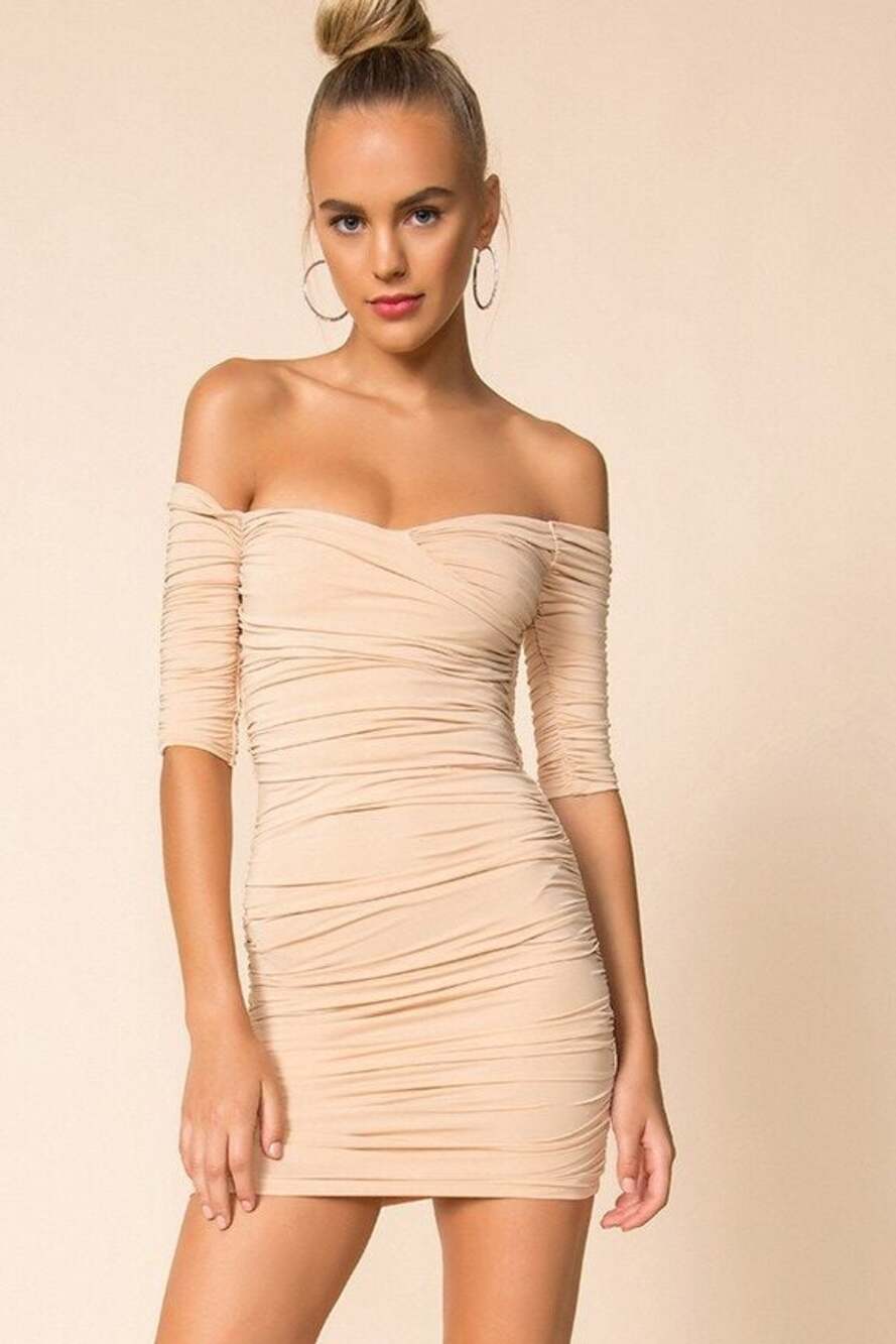 Superdown Elora Ruched Off The Shoulder Mini Dress in Taupe